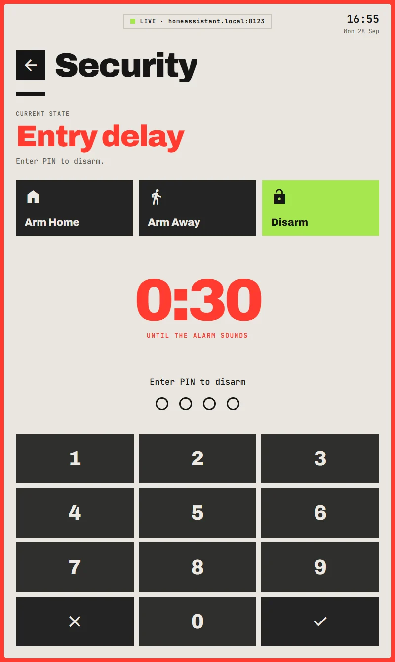 Entry delay: the disarm keypad with a 0:30 countdown until the alarm sounds, and a red frame round the screen