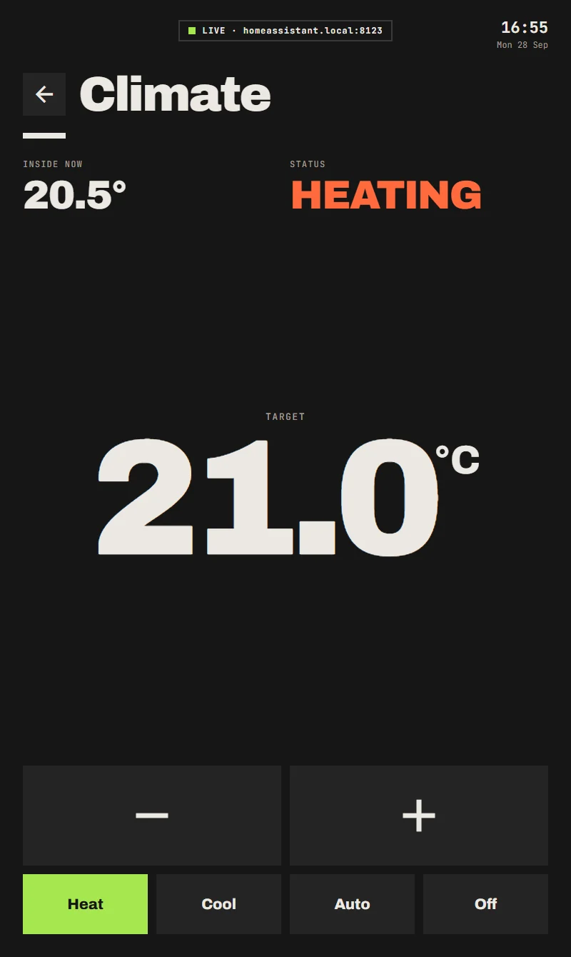 Heating screen at night: 20.5° inside, heating, target 21.0°C with big minus and plus buttons