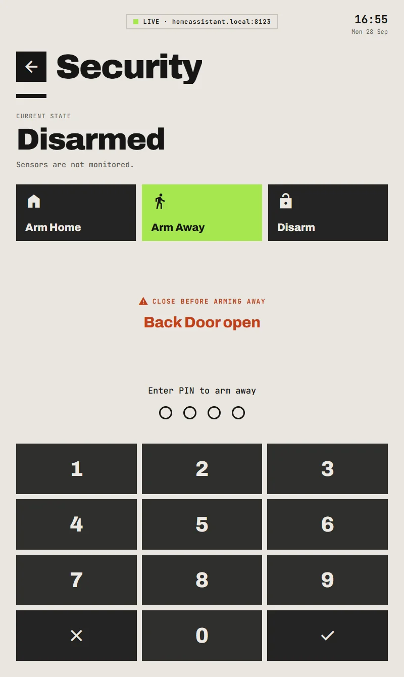 Security screen warning 'Close before arming away: Back Door open' above the keypad