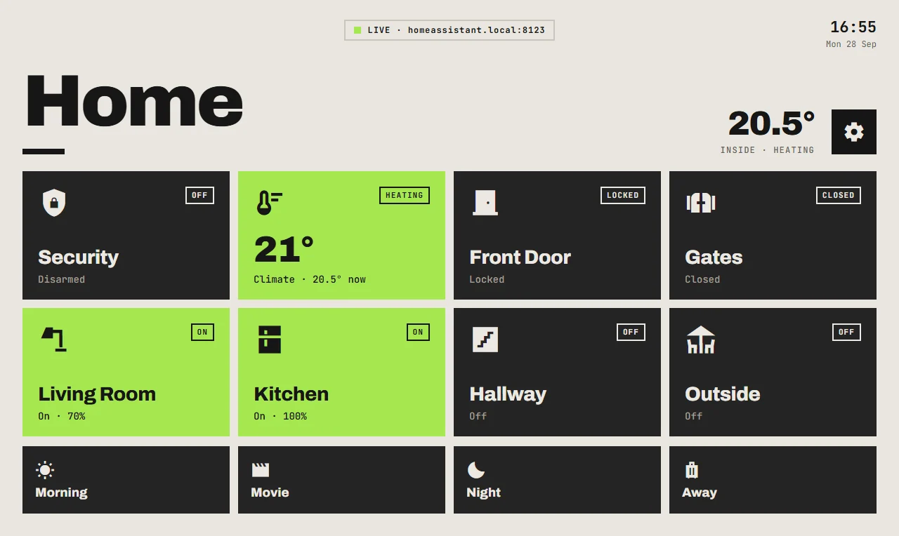 ARIA's home screen in landscape: Security, heating, front door, gates and light tiles, with scenes along the bottom