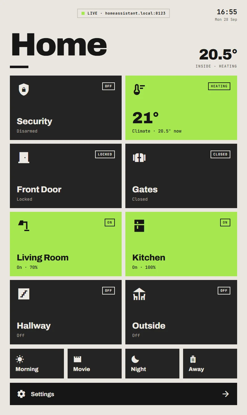 Home screen: tiles for Security, heating, front door, gates and lights, with the lights that are on lit up