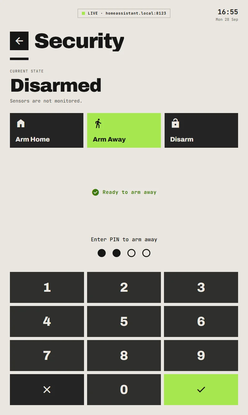 Security screen: Arm Home, Arm Away and Disarm, 'Ready to arm away', and a keypad