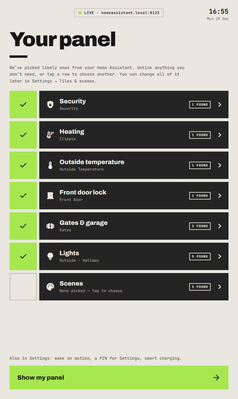 Setting up: a checklist of suggested tiles - Security, Heating, Outside temperature, Front door lock, Gates, Lights