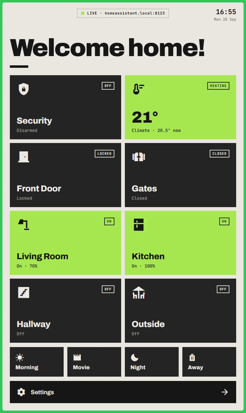 After disarming: 'Welcome home!' at the top of the home screen, with a green frame round the screen