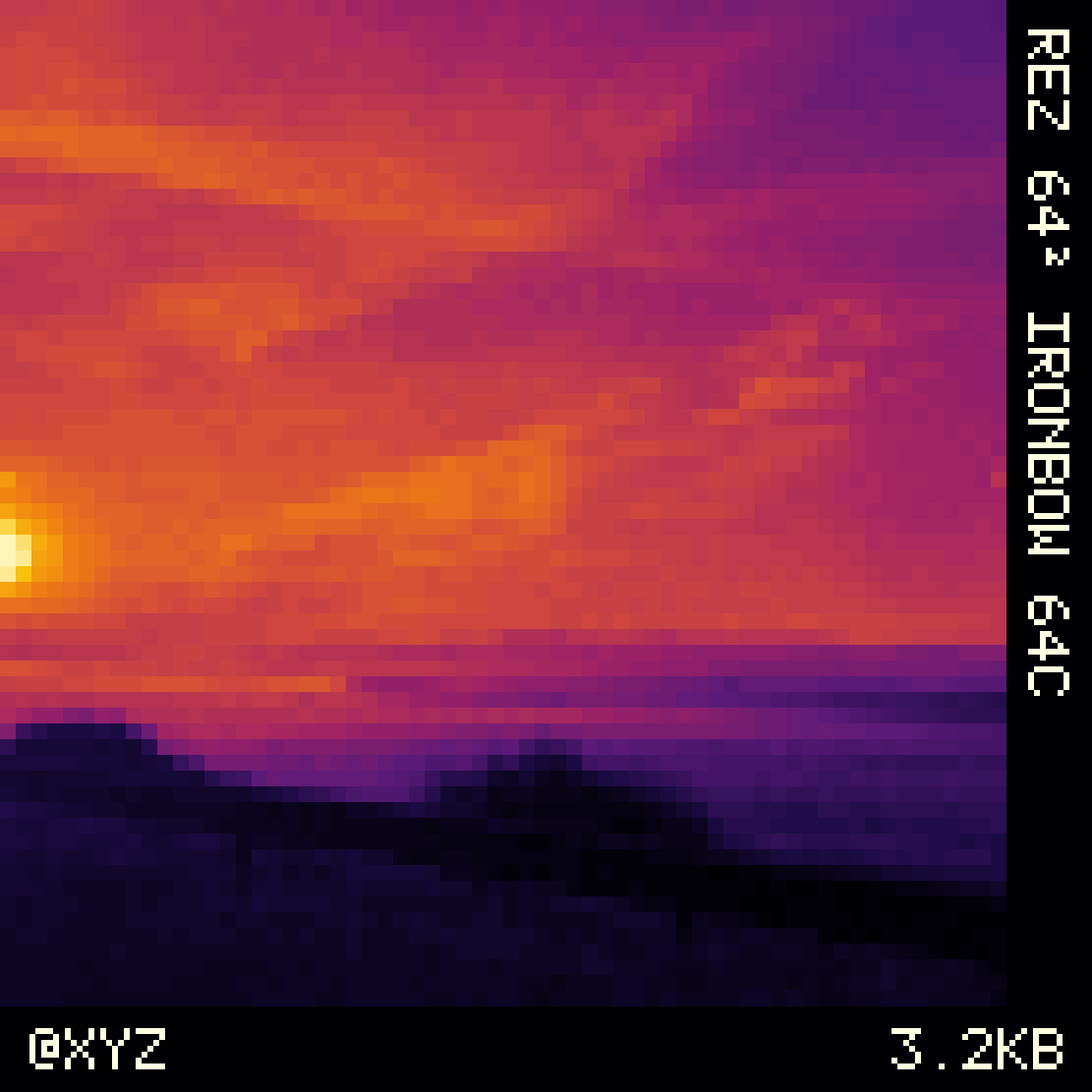 REZ photograph, 64 pixels square, IRONBOW palette